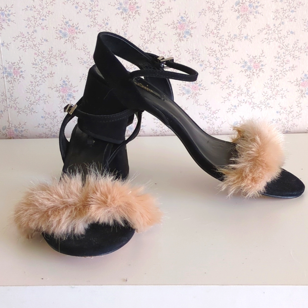 Zara Taupe Faux Fur Block Heel Sandal (Size: 8)